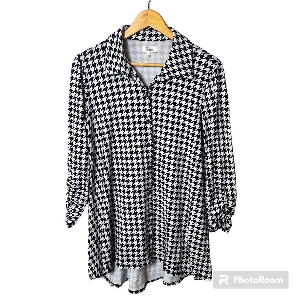 Kim Rogers Houndstooth Tunic Shirt Women’s Medium Black White Ruching Viscose